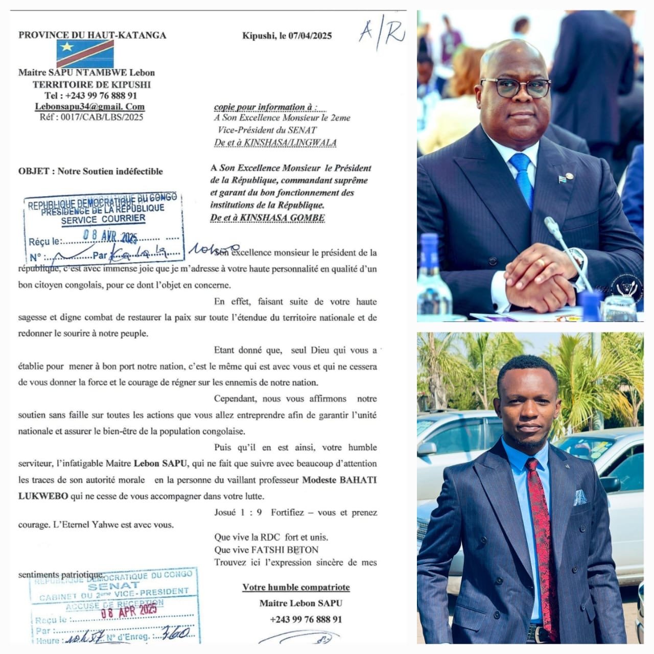Kipushi : maître Lebon Sapu adresse un message de soutien au président de la République