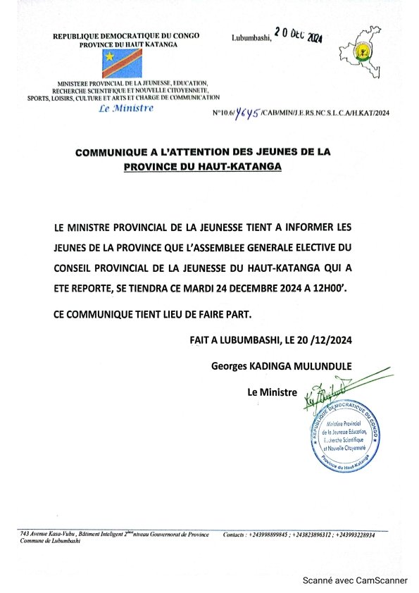 Haut-Katanga : L'assemblée générale élective du conseil provincial de la Jeunesse se tiendra en fin ce 24 décembre 2024.